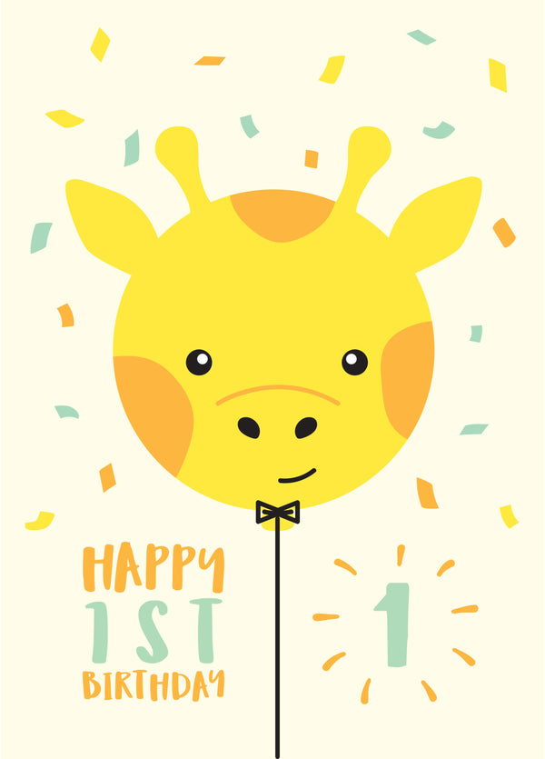 Giraffe Balloon 1st Birthday Card