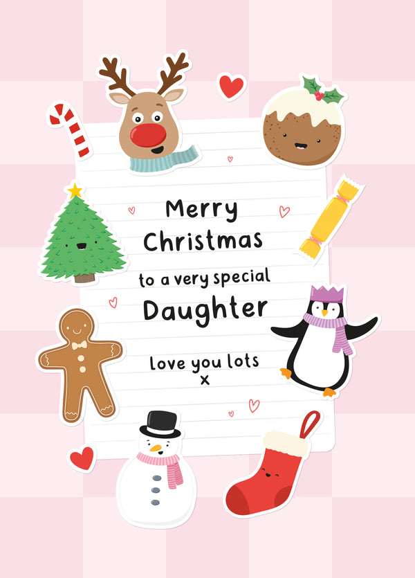 Cute Sticker Style Christmas Card - Daughter