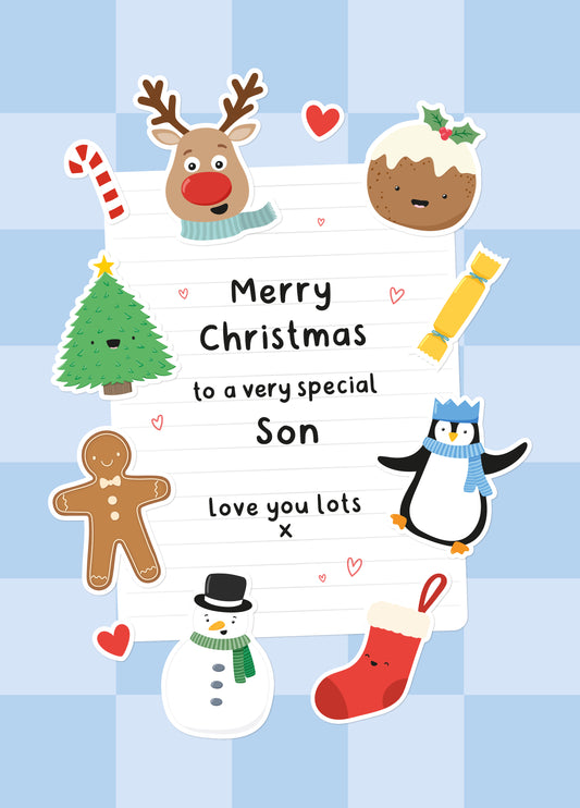 Cute Sticker Style Christmas Card - Son