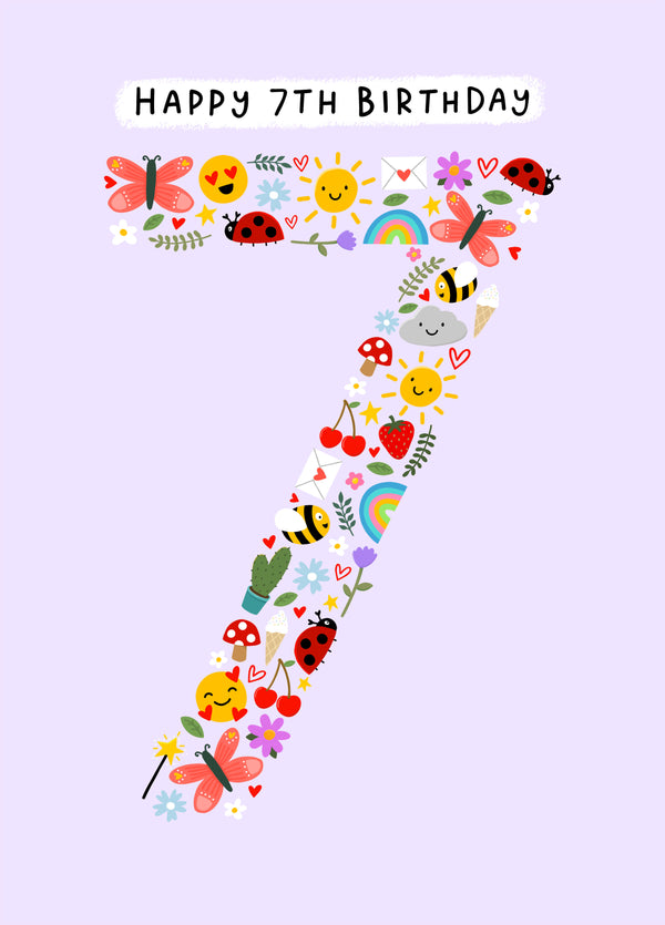 Cute 7th Birthday Card - Mini Illustrations