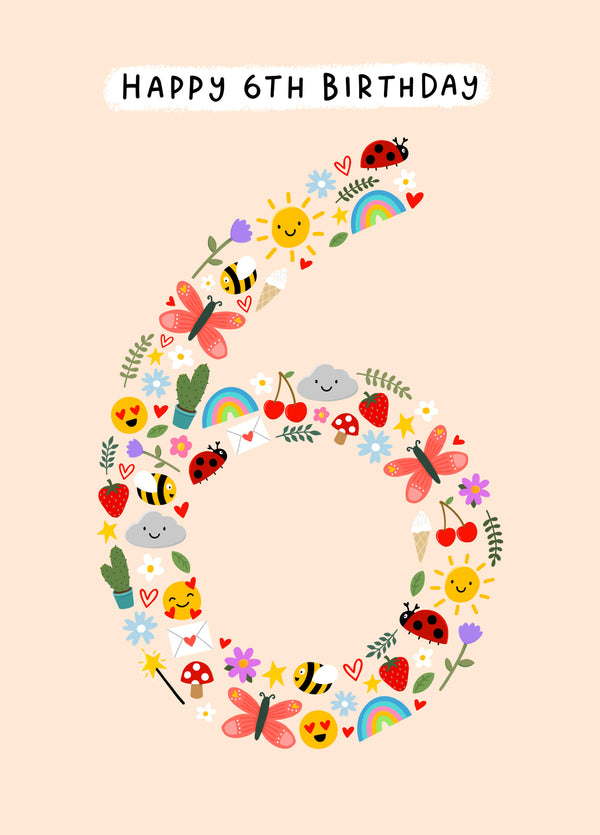 Cute 6th Birthday Card - Mini Illustrations