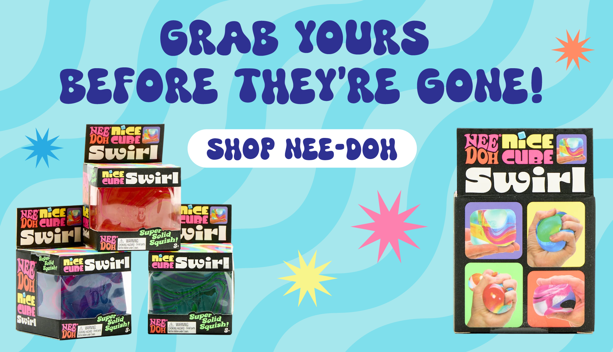 Needoh Swirl banner, nice cube swirls in black/green, orange/red and blue/green colours, Shop the Needoh button