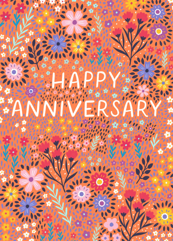 Orange Ditsy Floral Happy Anniversary Card