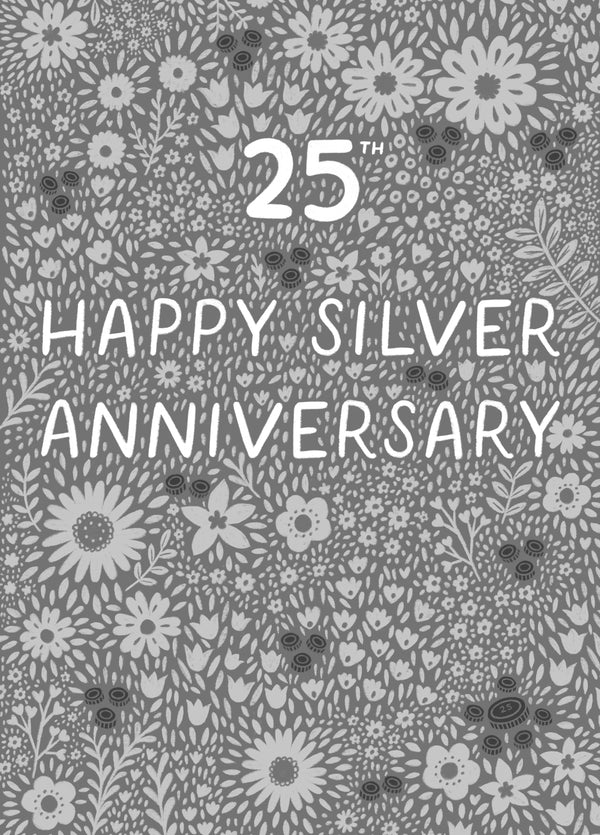 Pretty Anniversary Card - 25th - Silver - Floral