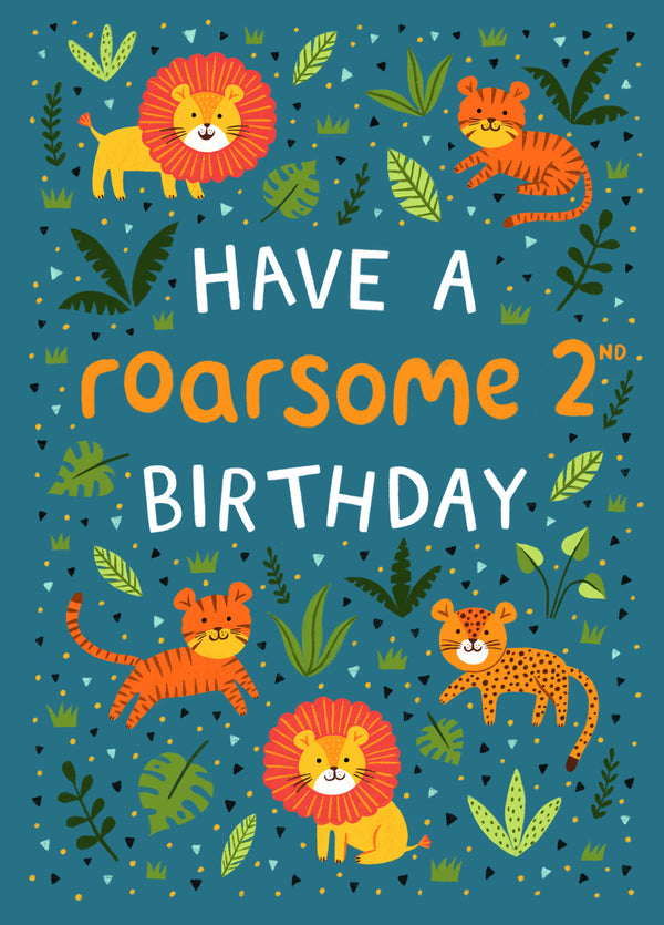 Cute 2nd Birthday Card - Lions, Tigers & Leopards - Roarsome