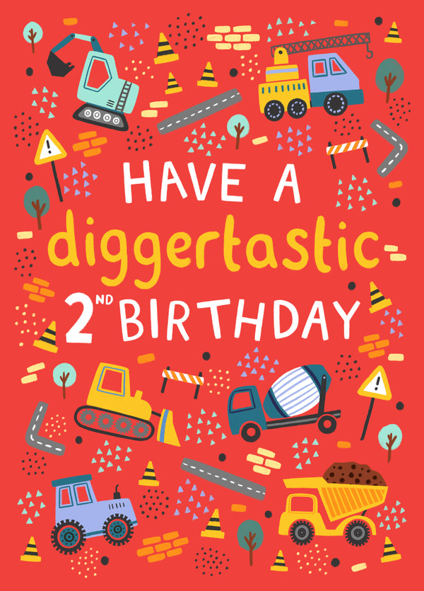 Cute Birthday Card - 2nd Birthday - Tractor - Trucks - Diggers