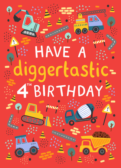 Cute Birthday Card - 4th Birthday - Tractor - Trucks - Diggers