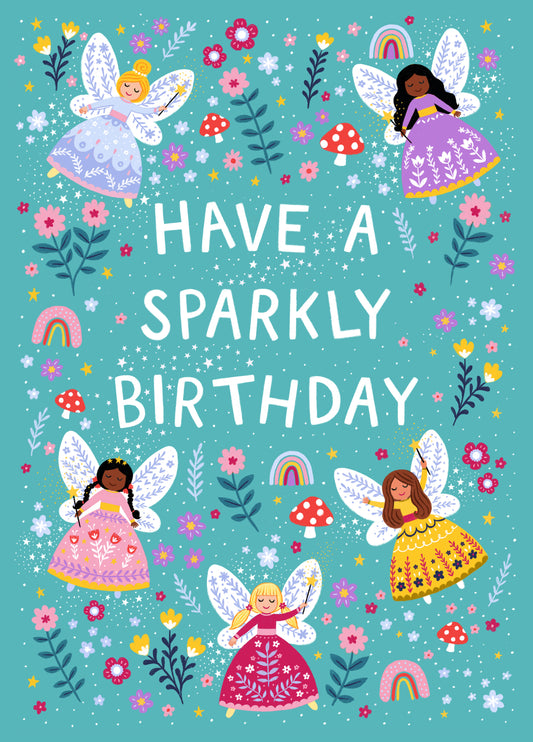 Cute Birthday Card - Fairies - Sparkly Birthday