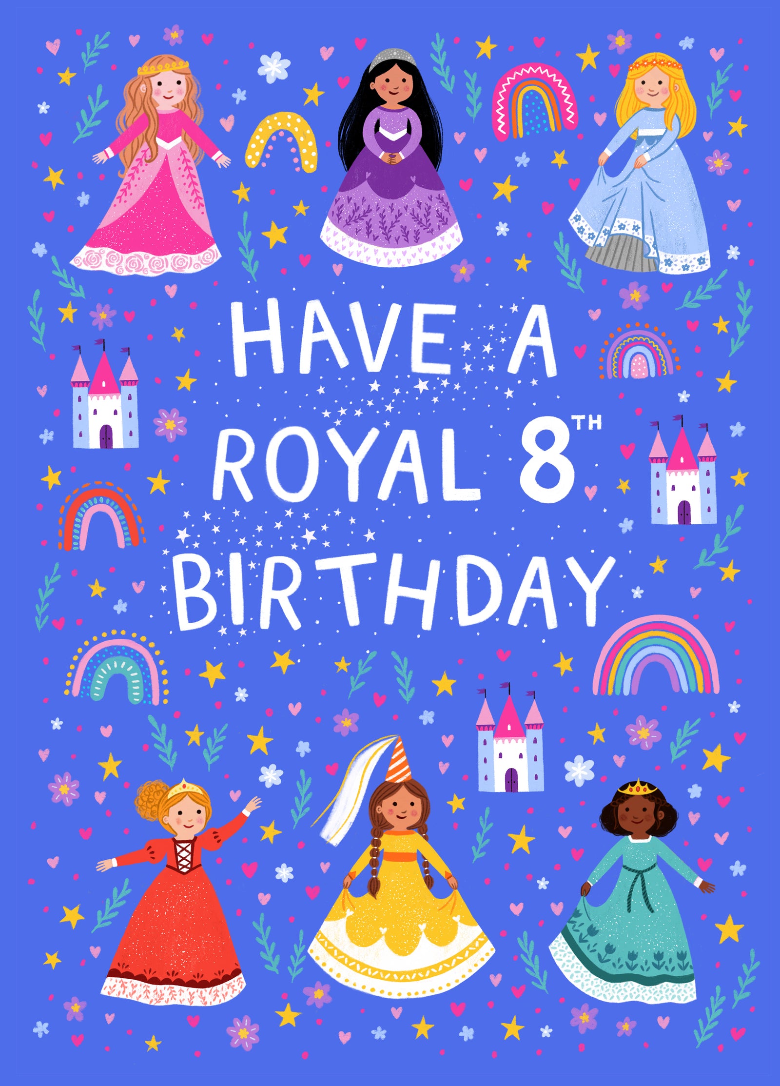 Cute 8th Birthday Card - For Her - Princesses