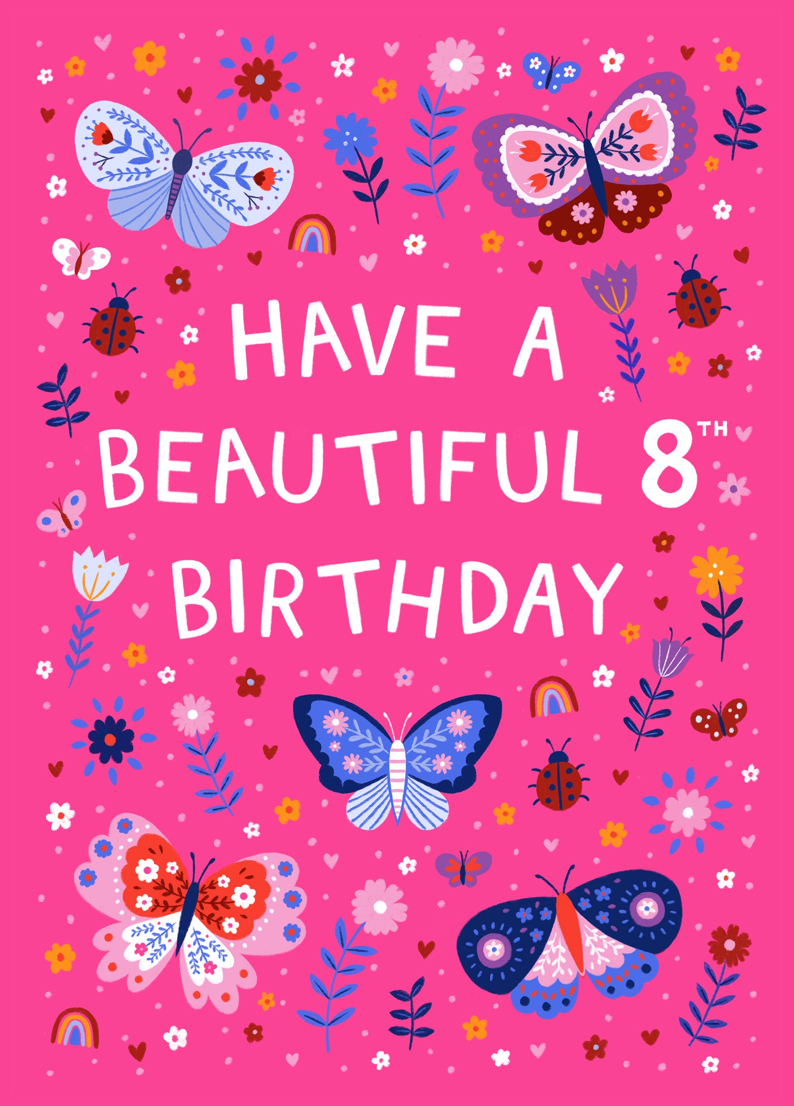 Cute 8th Birthday Card - Butterflies And Ladybirds - For Her