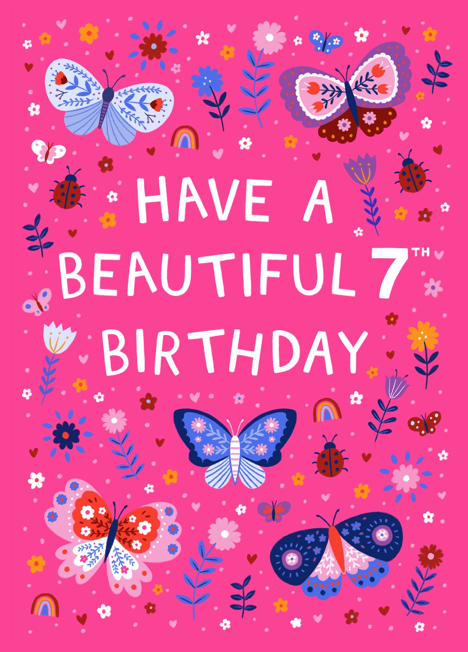 Cute 7th Birthday Card - Butterflies And Ladybirds - For Her