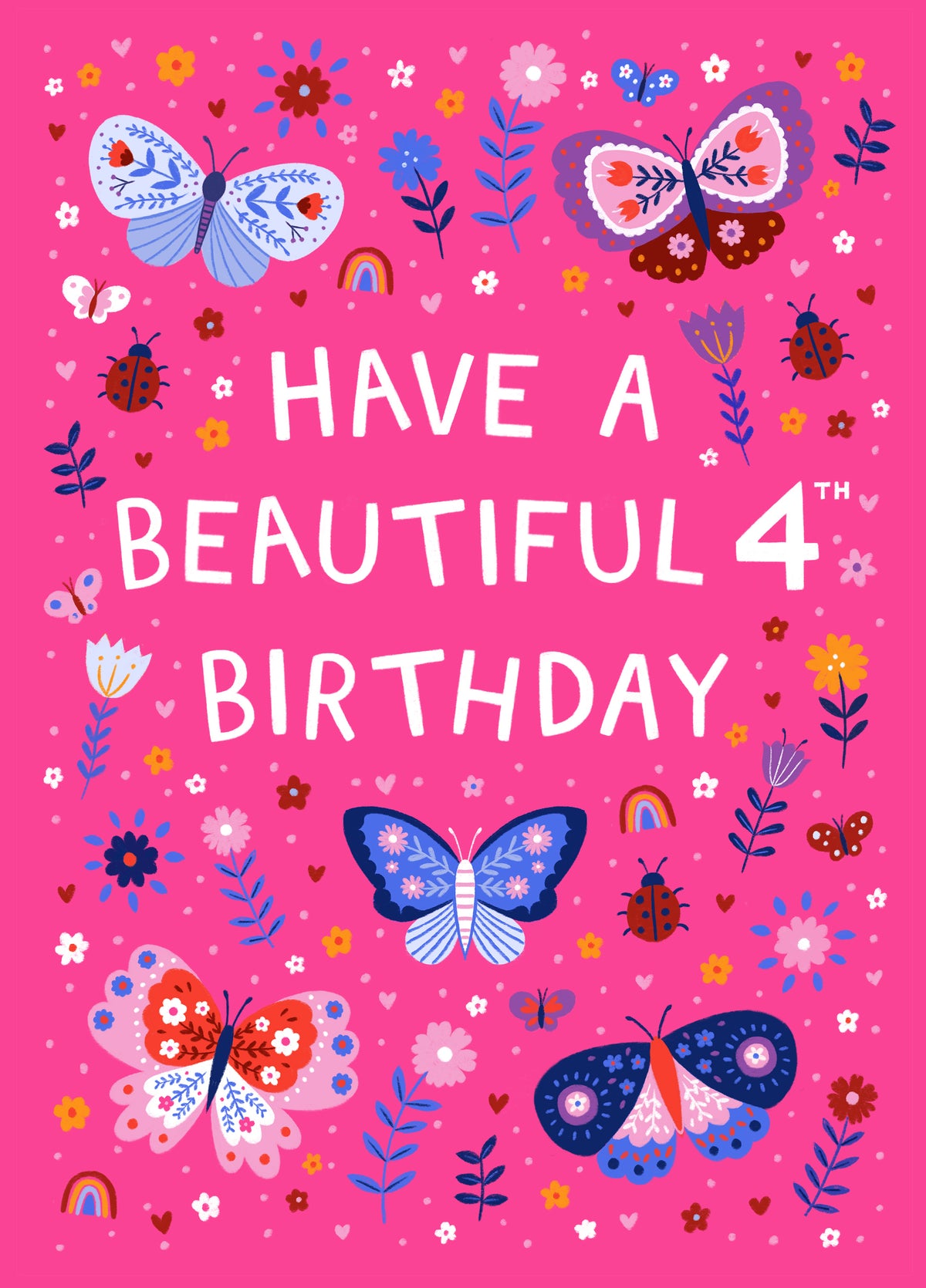 Cute 4th Birthday Card - Butterflies And Ladybirds - For Her