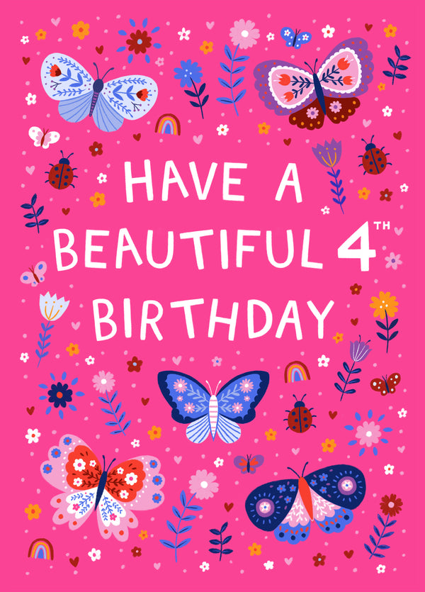 Cute 4th Birthday Card - Butterflies And Ladybirds - For Her