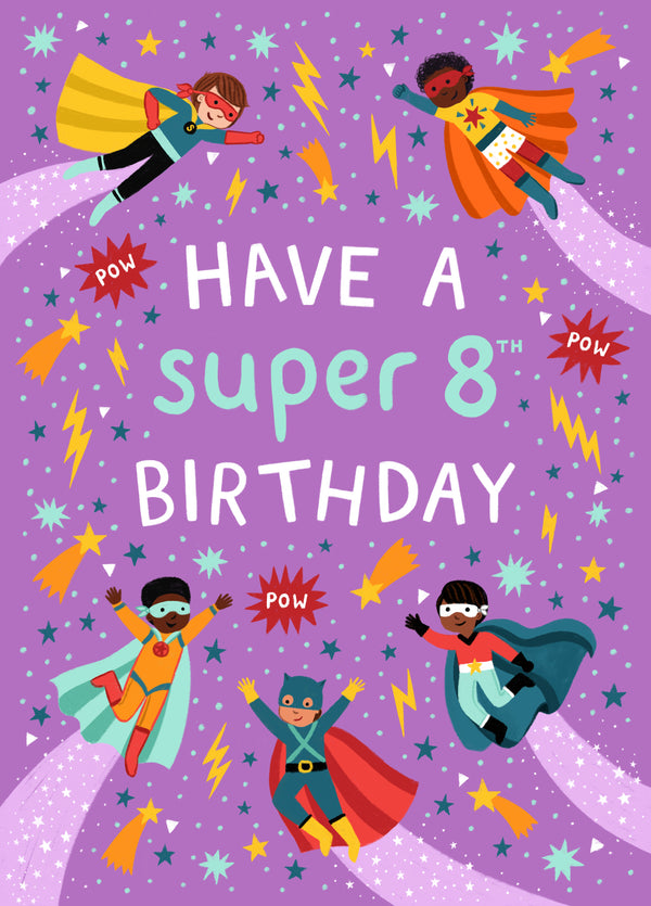 Cute 8th Birthday Card - For Him - Superheroes