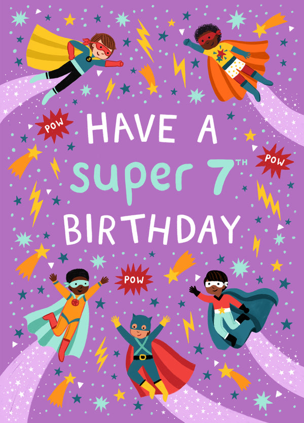 Cute 7th Birthday Card - For Him - Superheroes