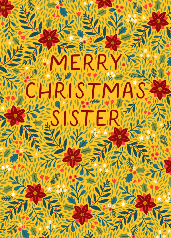Pretty Christmas Card - For Sister - Berries & Poinsettias