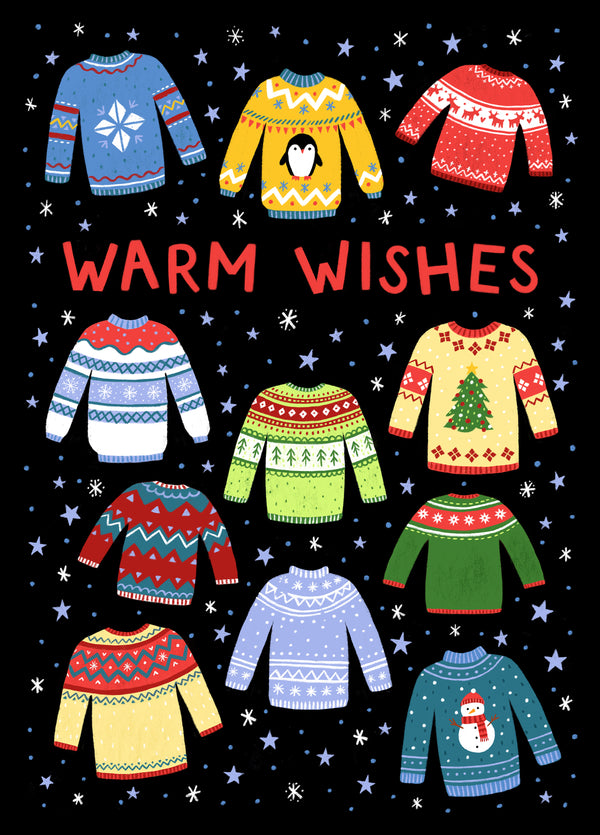 Cute Christmas Card - Warm Wishes - Patterned Wooly Jumpers