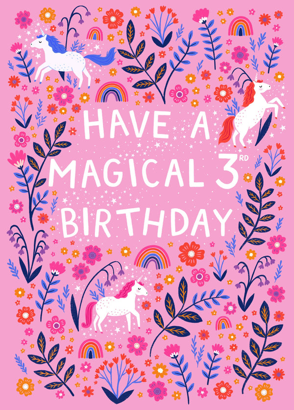 Happy 3rd Birthday - Pink Magical Unicorn Girls Card