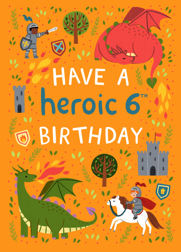 Cute Birthday Card - 6th - Knights And Dragons