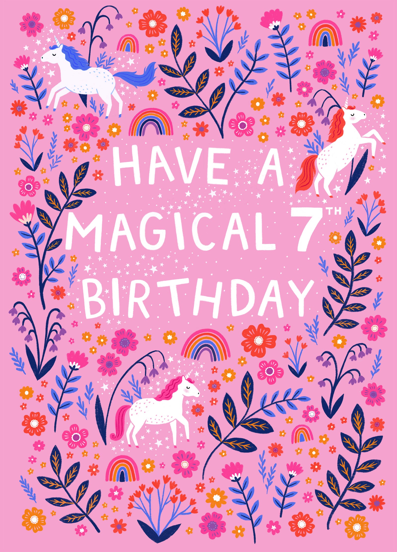 Happy 7th Birthday - Pink Magical Unicorn Girls Card