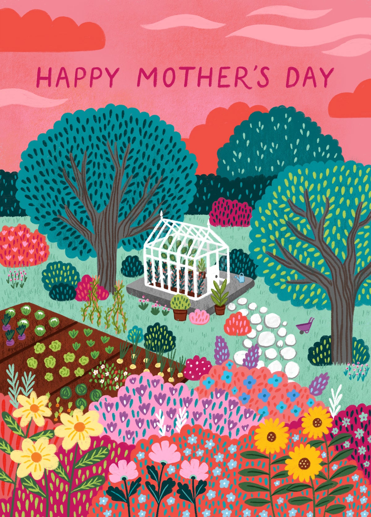 Pretty Mother's Day Card - Colourful Garden - Greenhouse