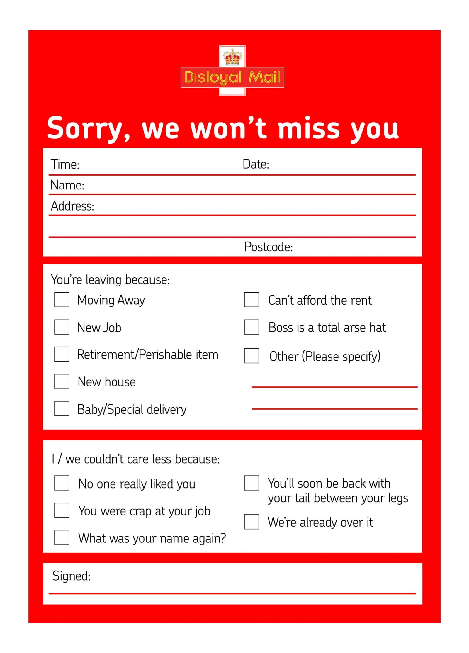 We Won't Miss You Card