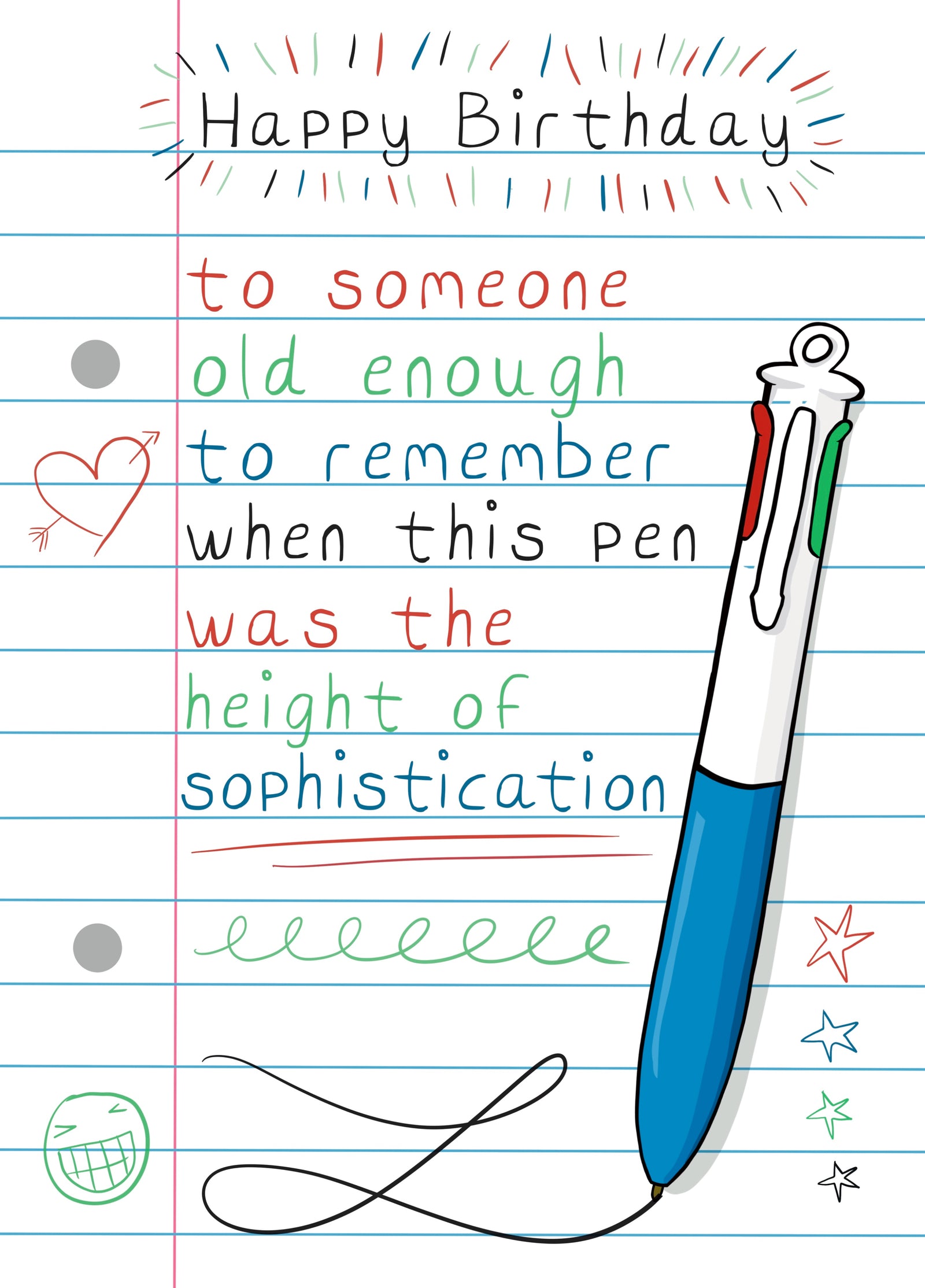 Funny Retro 4 Colour Pen Birthday Card