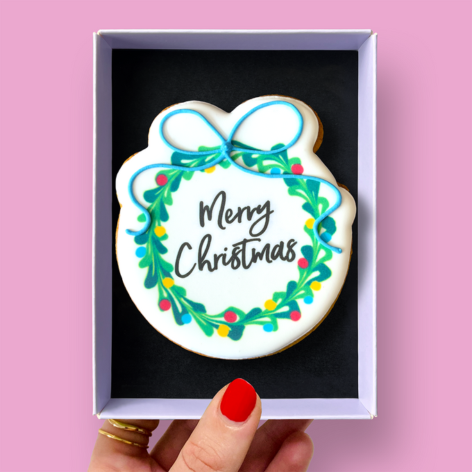 Merry Christmas Wreath Letterbox Iced Cookie