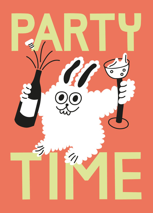 Funny Bunny Party Card – Party Time Birthday Card – Cute Rabbit With Champagne