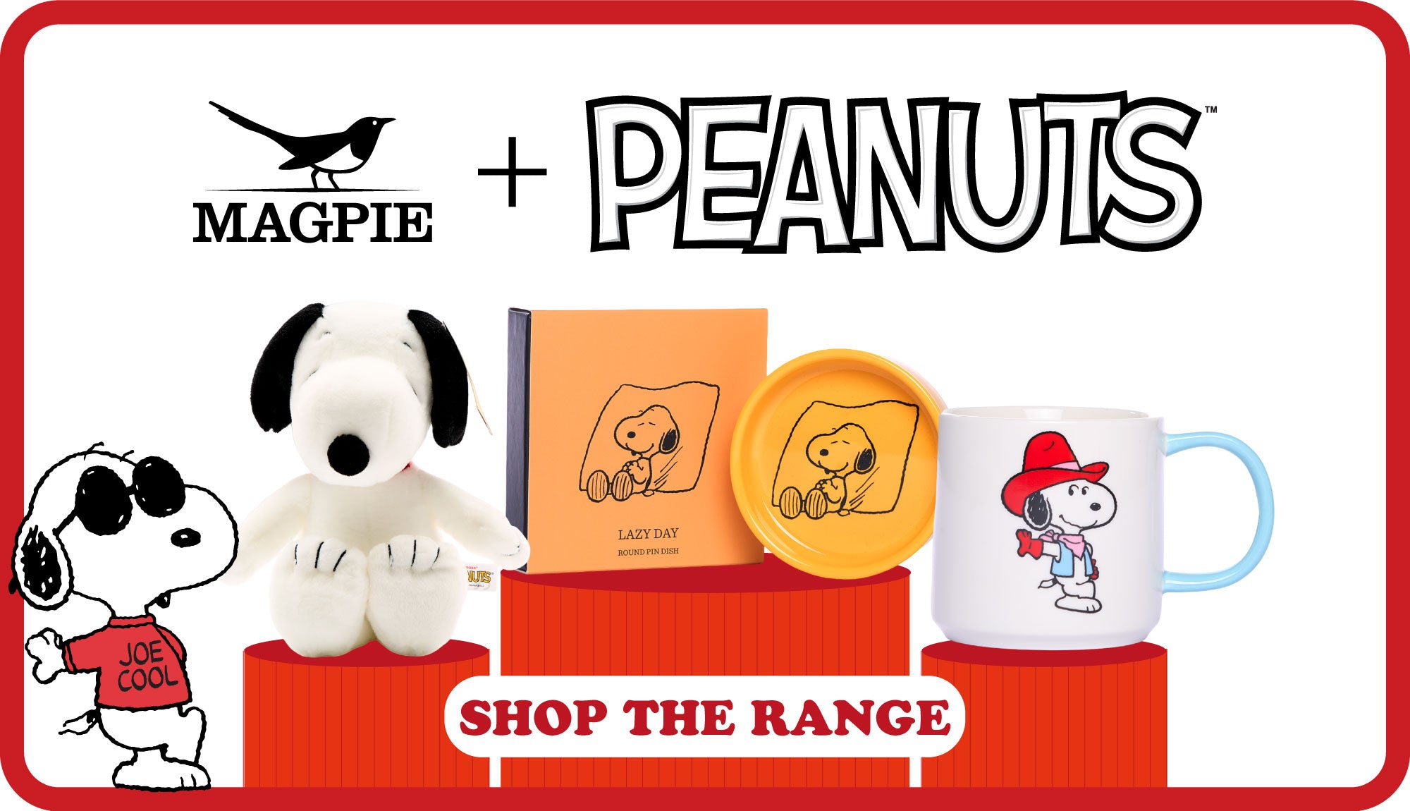Magpie x Peanuts banner with Snoopy and Peanuts merchandise, Shop the Range button