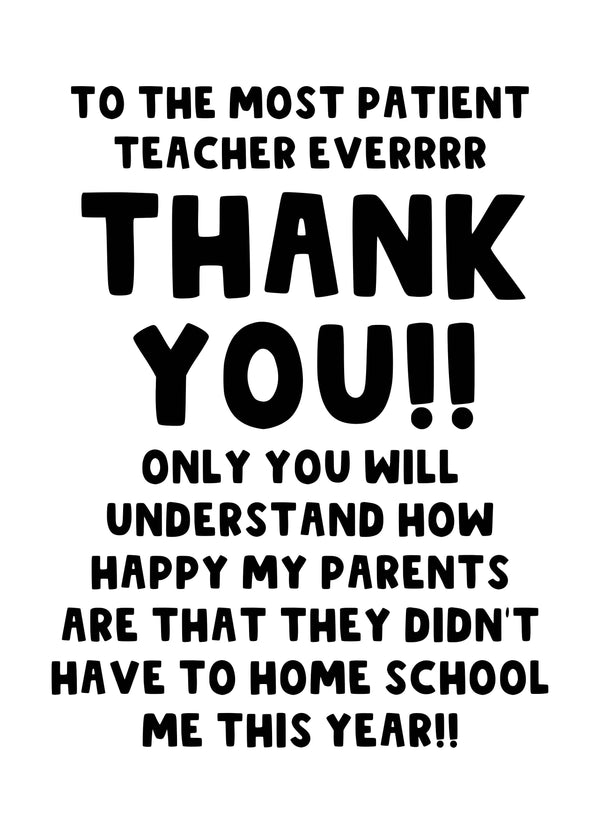 Most Patient Teacher Award Card