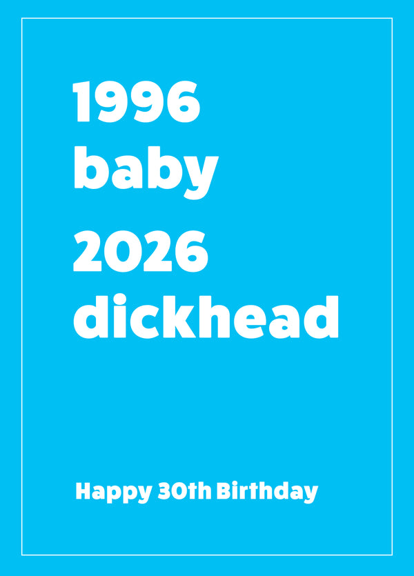 Funny 30th Birthday Card For Him – 1996 Baby To 2026 Dickhead