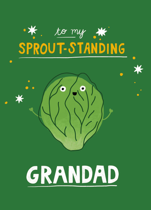 Sprout-standing Grandad Christmas Card