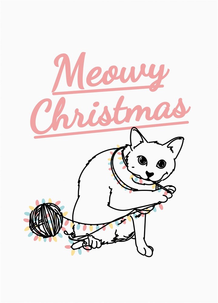 Meowy Christmas Cute Cat Playing With Ball Of Lights Merry Card