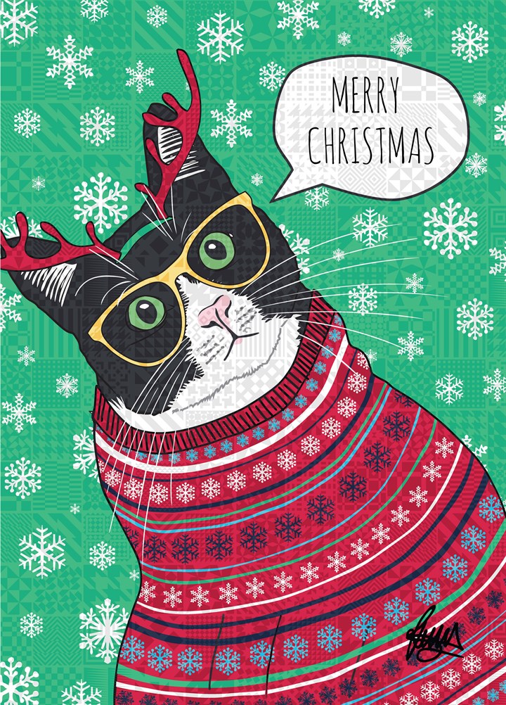 Christmas Cat In Glasses Card