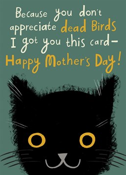 A Mother's Day card from the cat? Here's the pur-fect card for your fur baby to send on Mother's Day! The fluffy kitty with the brightest eyes and a funny hand lettered message make this cute design utterly paw-some. Much better than a dead bird.... Designed by Aimee Stevens Design.