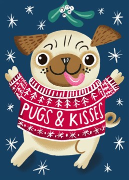Send some smoochy-poochy Pugs and Kisses this Christmas with this cute card featuring a pug in a Christmas jumper. What's not to love?
