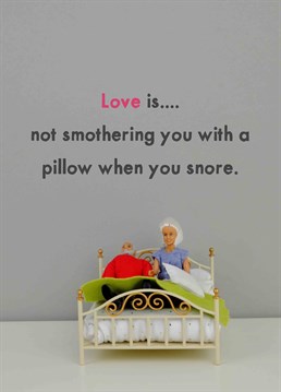 Anyone who's been in that situation will know the kind of will-power it takes not to smother them in their sleep! Let them know you love them with this hilarious Jeffrey & Janice Anniversary card.