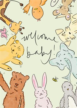 Welcome a new baby into the world with this adorable baby animal card. Perfect for a baby boy or baby girl.