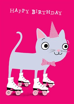 This kitty is sending you birthday wishes as it skates on by. A cute Cardinky birthday card for a young friend or family member.