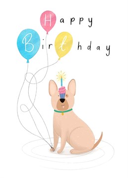 A fun illustration of cute dog balancing a cupcake on their nose. A Chloe Fae Designs Birthday card for this who love dogs!