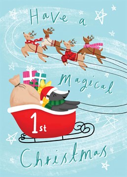 An illustrated cute character card for a special little ones first Christmas. A magical reindeer and sleigh card by Chloe Fae Designs.
