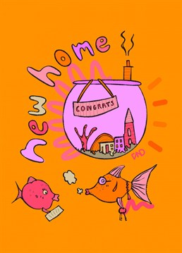 A colourful illustrated New Home card featuring a fish moving into their new fishbowl home. Send this quirky New Home card to your friends to celebrate them moving house or buying their first house.