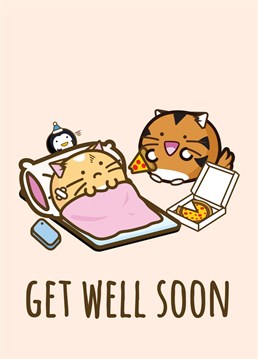 Get well soon with a cute Fuzzballs cartoon, featuring Timmy Tiger and Penny Penguin looking after Whisky cat.