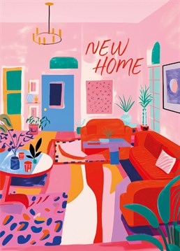 Welcome them to their new abode with our hand-painted card, featuring a vibrant and stylish living room. The cool interior design, filled with house plants, creates a warm and inviting atmosphere. Send this card to convey heartfelt "New Home" wishes in the most colourful and lively way.