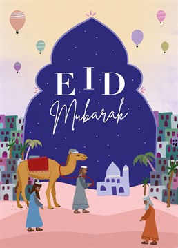 Send this illustrated Eid Mubarak card to friends or family to mark the start or end of the celebrations. The text reads, 'Eid Mubarak.'