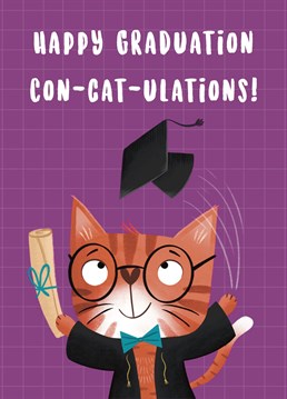 Congratulate friends and family on their graduation with this cute cat card. The card features a ginger cat wearing a graduation gown and throwing the cap in the air in celebration. The purr-fect card to wish cat lovers a happy graduation!