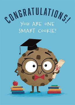 Congratulate a special someone on their graduation with this cute smart cookie card. This design features a cute intelligent chocolate chip cookie character complete with graduation cap and scroll. Let them know they are one smart cookie with this funny congratulations card!