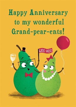 Congratulate your Grand-pear-ents on their anniversary with this funny pears card. This design features a Grandpa and Grandma pear looking into each others eyes and smiling.