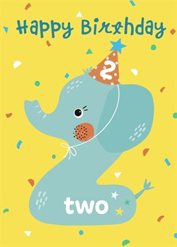 Celebrate a little ones 2nd birthday with this cute elephant shape age 2 birthday card. .